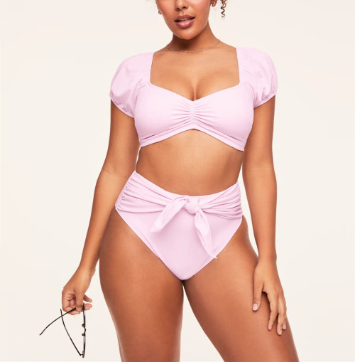 Short sleeve ruched front bikini top padded lower back swimwear