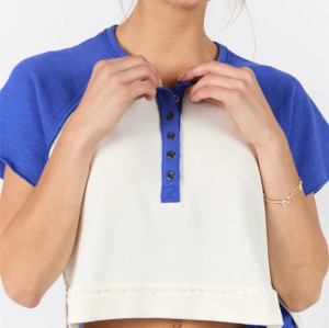 Women's short sleeve color block button t shirts with side slit regular fit cropped tees