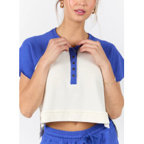 Women's short sleeve color block button t shirts with side slit regular fit cropped tees