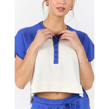 Women's short sleeve color block button t shirts with side slit regular fit cropped tees