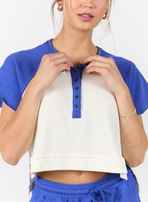 Women's short sleeve color block button t shirts with side slit regular fit cropped tees