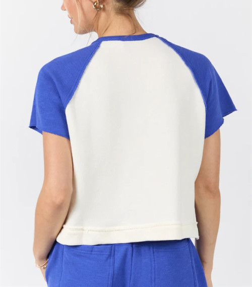 Women's short sleeve color block button t shirts with side slit regular fit cropped tees