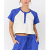 Women's short sleeve color block button t shirts with side slit regular fit cropped tees