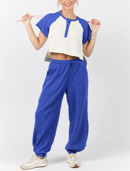 Women's short sleeve color block button t shirts with side slit regular fit cropped tees
