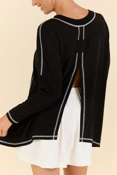 Women crew neck contrast stitching long sleeve t shirts