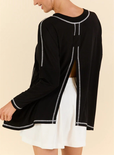 Women crew neck contrast stitching long sleeve t shirts