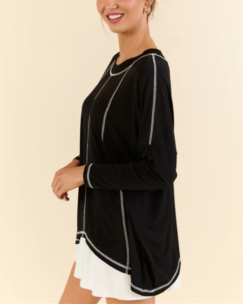 Women crew neck contrast stitching long sleeve t shirts