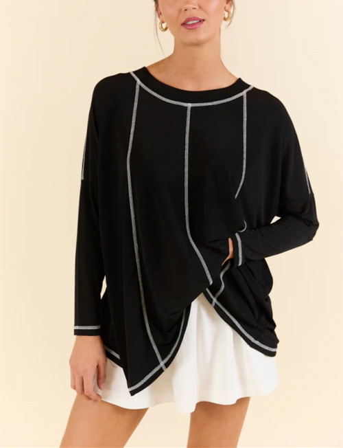 Women crew neck contrast stitching long sleeve t shirts