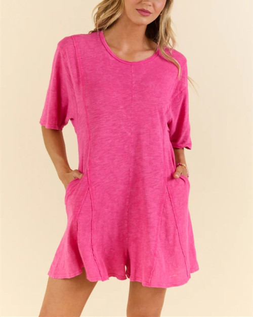 Crew neck short sleeve relaxed fit cotton rompers with side pockets