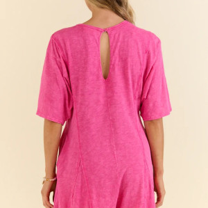 Crew neck short sleeve relaxed fit cotton rompers with side pockets