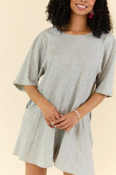 Crew neck short sleeve relaxed fit cotton rompers with side pockets