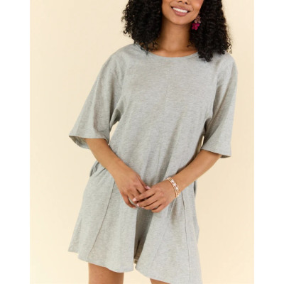 Crew neck short sleeve relaxed fit cotton rompers with side pockets