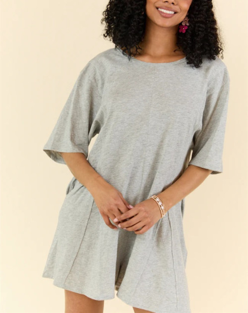 Crew neck short sleeve relaxed fit cotton rompers with side pockets