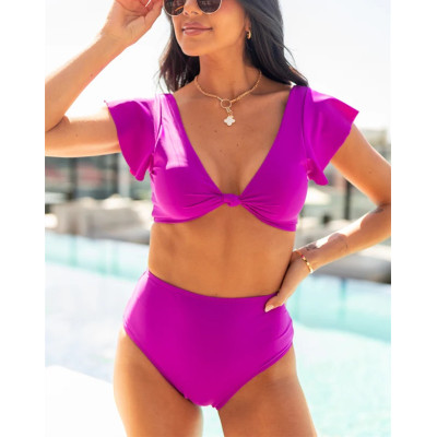 Short sleeve v neck front knot bikini top