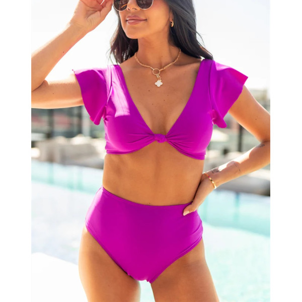 Short sleeve v neck front knot bikini top
