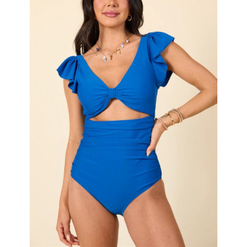 Women's short sleeve V neck front cut out one piece swimwear U back beachwear
