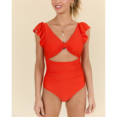 Women's short sleeve V neck front cut out one piece swimwear U back beachwear