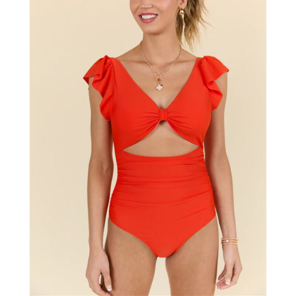 Women's short sleeve V neck front cut out one piece swimwear U back beachwear
