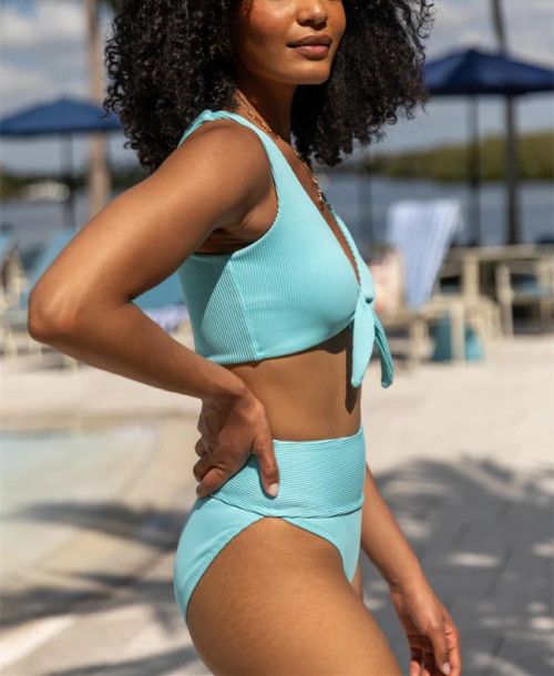 Women's v neck front tie rib bikini top light support padded swimwear top