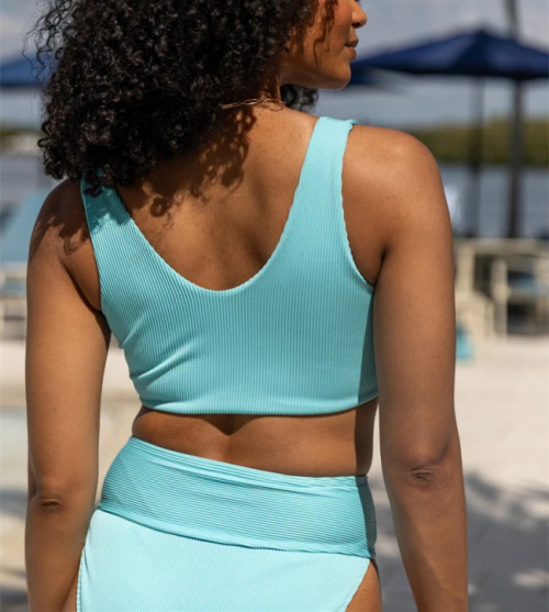 Women's v neck front tie rib bikini top light support padded swimwear top