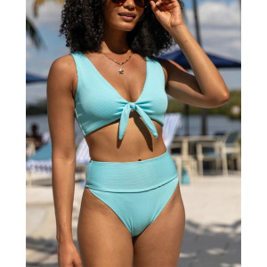 Women's v neck front tie rib bikini top light support padded swimwear top