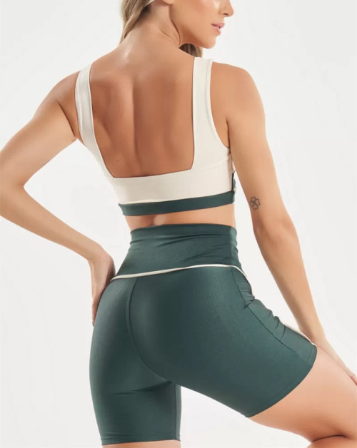 Women's wide strap color block sports bra square neck contrast color gym crop top