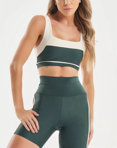 Women's wide strap color block sports bra square neck contrast color gym crop top