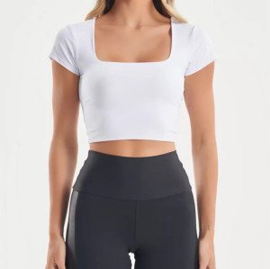Short sleeve fitted gym crop top high stretchy square neck basic tees
