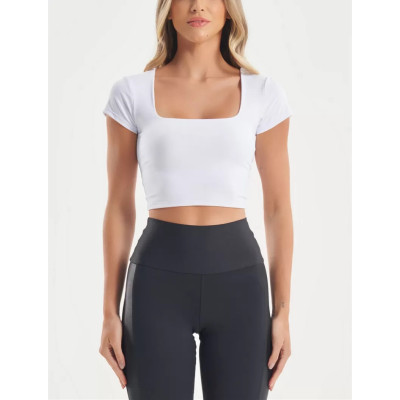 Short sleeve fitted gym crop top high stretchy square neck basic tees