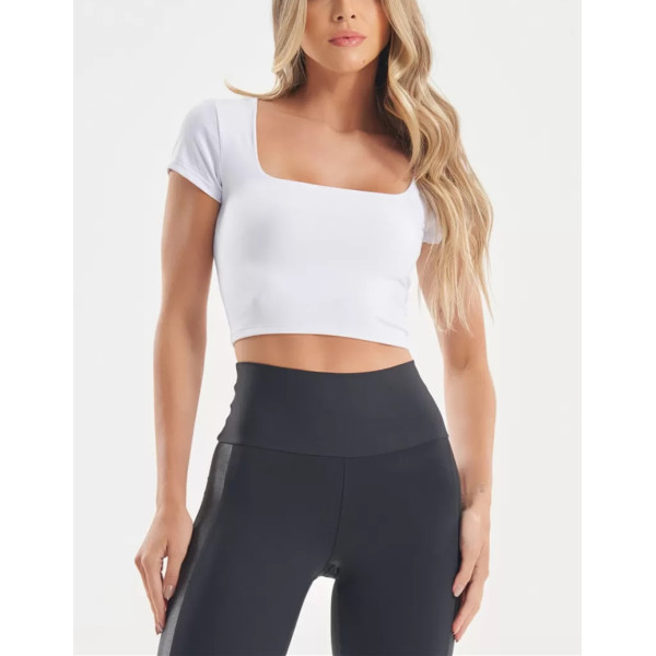 Short sleeve fitted gym crop top high stretchy square neck basic tees