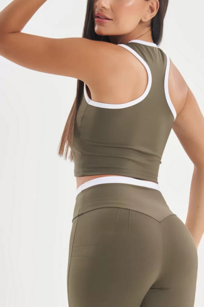 Crew neck color block racerback crop top with removable padding