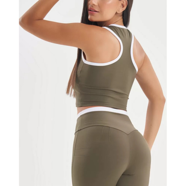 Crew neck color block racerback crop top with removable padding