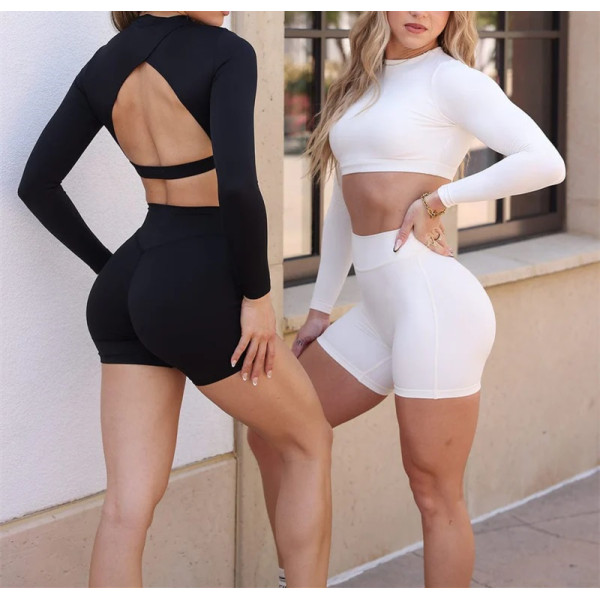 Women's long sleeve padded gym crop top lightweight hollow back sports tees