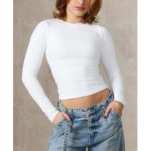 Women's long sleeve brushed fitted t shirts versatile crew neck sports tees