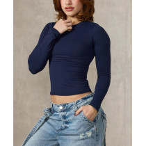 Women's long sleeve brushed fitted t shirts versatile crew neck sports tees