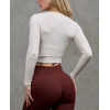 Long sleeve breathable rib tee for women full zipper cropped top