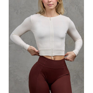 Long sleeve breathable rib tee for women full zipper cropped top