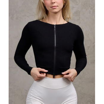 Long sleeve breathable rib tee for women full zipper cropped top