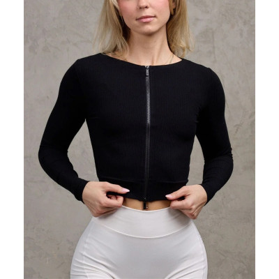 Long sleeve breathable rib tee for women full zipper cropped top