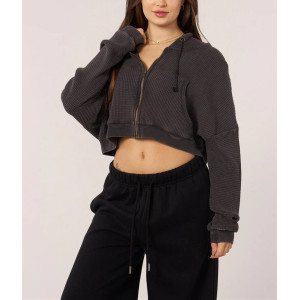Women's zip up waffle hoodies hooded crop cotton coats