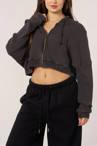 Women's zip up waffle hoodies hooded crop cotton coats