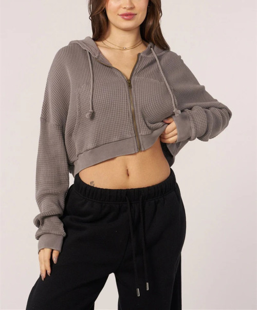 Women's zip up waffle hoodies hooded crop cotton coats