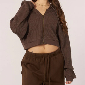 Women's zip up waffle hoodies hooded crop cotton coats