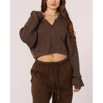Women's zip up waffle hoodies hooded crop cotton coats