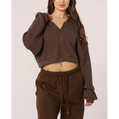 Women's zip up waffle hoodies hooded crop cotton coats