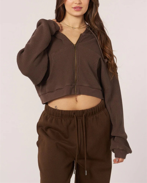 Women's zip up waffle hoodies hooded crop cotton coats