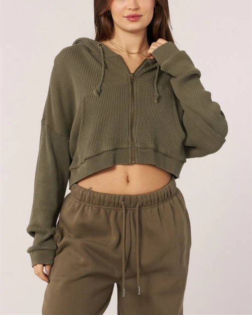 Women's zip up waffle hoodies hooded crop cotton coats