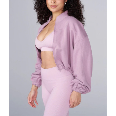 Women's stand collar full zip crop jackets with adjustable hem