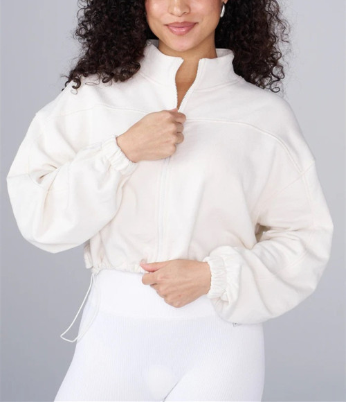 Women's stand collar full zip crop jackets with adjustable hem
