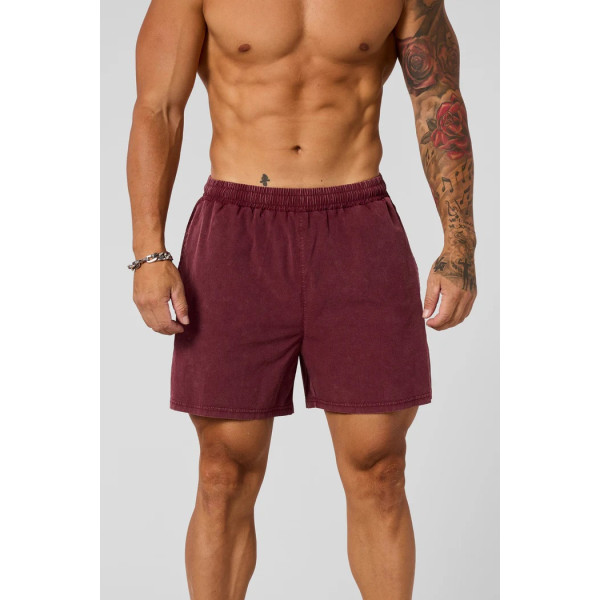 Men's elastic waist acid wash fitness shorts with side pockets